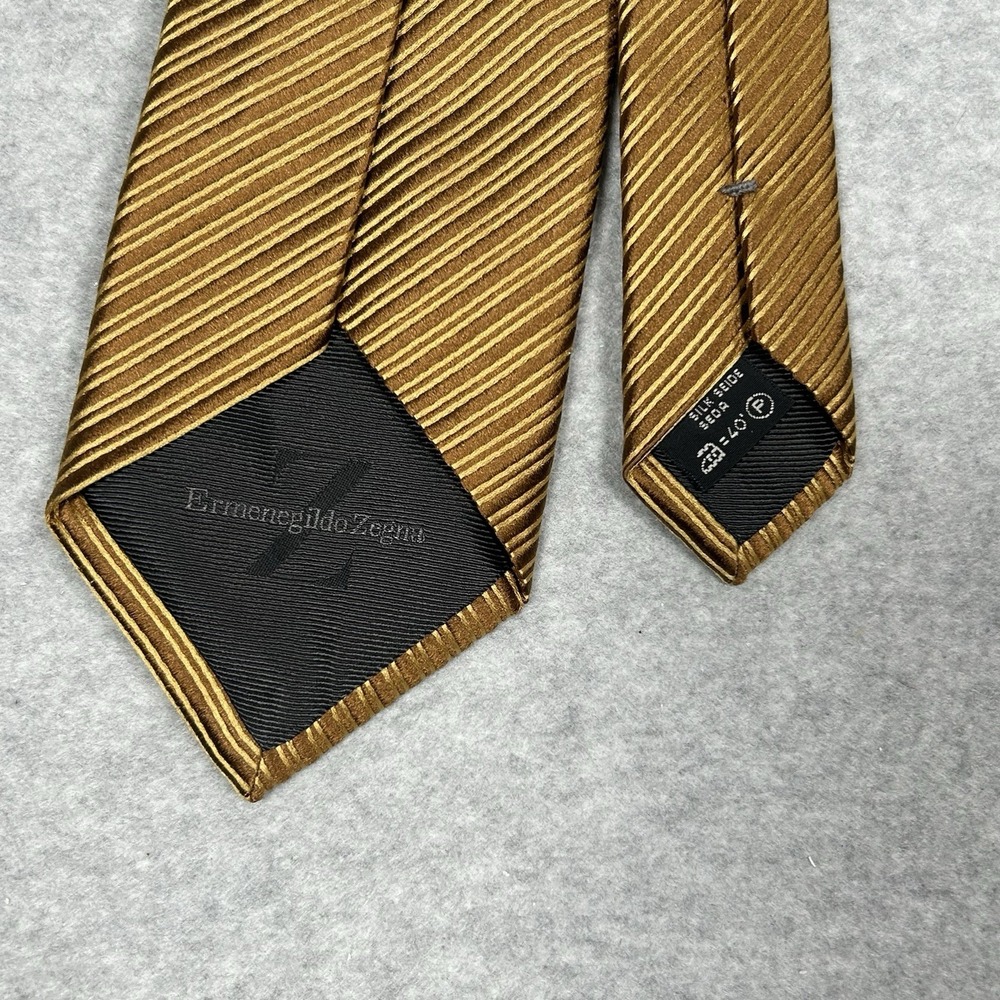 Ermenegildo Zegna Recent Silk Satin Tie Golden Bronze Striped 59.5" L x 3.5" W‎ - Picture 3 of 6